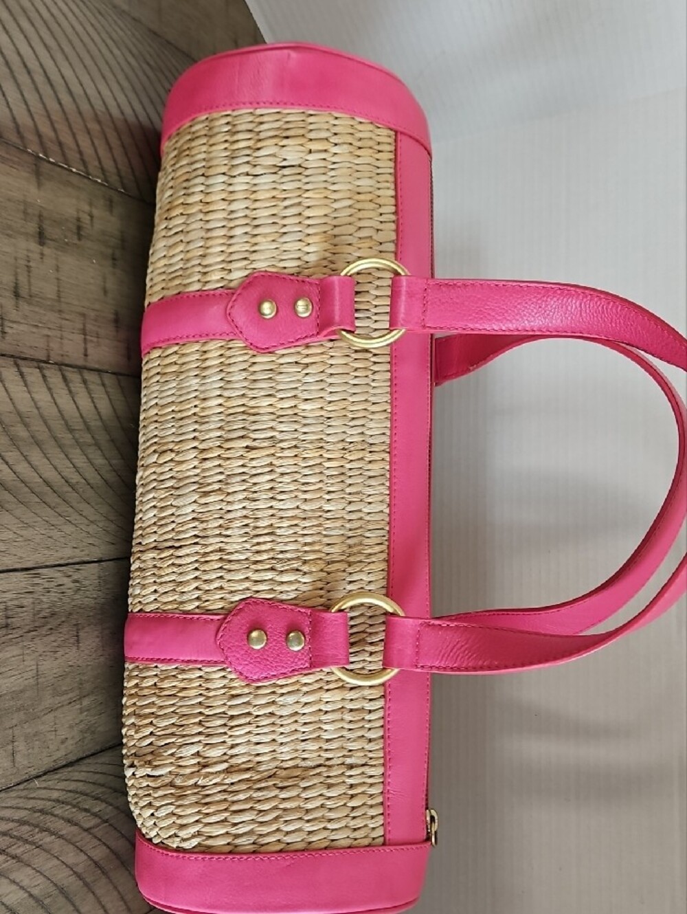 Y2K Juicy Couture Pink Straw Leather Trim Bag with Cherry Charm Coquette Rare - Picture 4 of 16